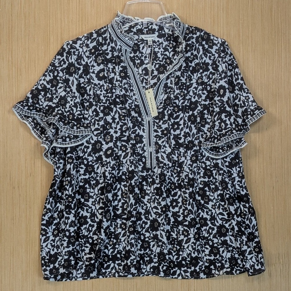 Max Studio Blouse Womens 1X Black Floral Ruffle Sleeve Career Chic Boho New‎